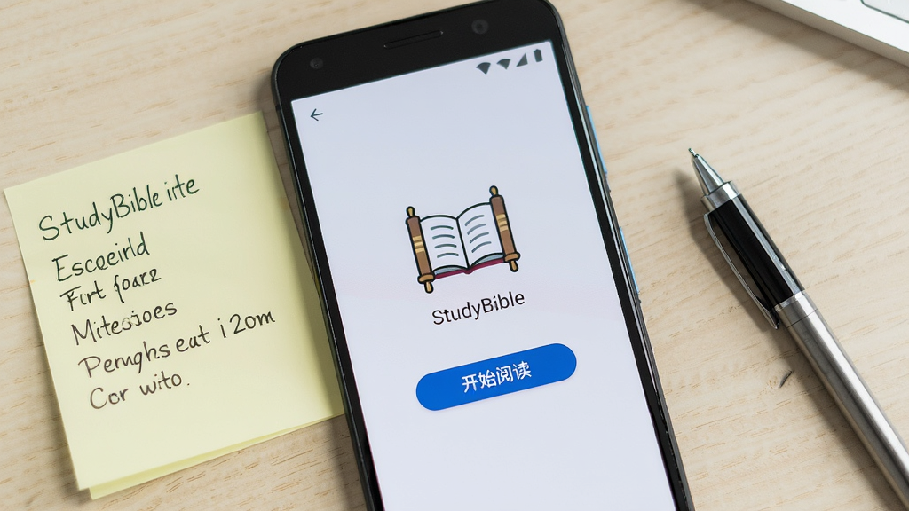 画面为一部安卓手机屏幕特写,显示StudyBible安装完成后的首次启动引导页,页面中央有书卷图标与“开始阅读”按钮,手机旁放置一张写有操作要点的便签纸和一支笔,背景为简洁的浅色桌面,风格清爽干净,画质清晰,无多余装饰
