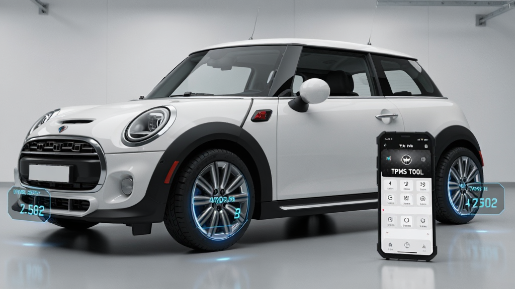 ����Ϊһ����ɫ mini ��������ͣ�ڼ�೵���У��ĸ���̥�������Ű�͸��̥ѹ��ֵ��壬�ֻ���Ļ��ʾ MINI TPMS TOOL ���棬����Ϊ�������Գƹ�ͼ�����Ϊ��ˬ�Ƽ�дʵ�磬ϸ�ڰ�����̥��������ɫ���ݹ�Ч���ɾ����������ʸ��壬�ɾ����޶���Ԫ��