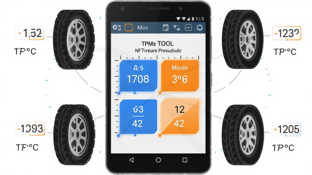 ��������Ϊһ����׿�ֻ�����Ļ��ʾ MINI TPMS TOOL ����̥ѹ������壬�ĸ���̥ͼ�껷���ֻ����У�ÿ����̥�Ա�ע��ѹ��ֵ���¶ȣ�����Ϊ����Χ��ʽ�����Ϊ��ƽ���Ƽ��廭�磬ϸ�ڰ�����ɫ���ɫ���ݸ��������̶��ߣ������������ɾ����޶���Ԫ��