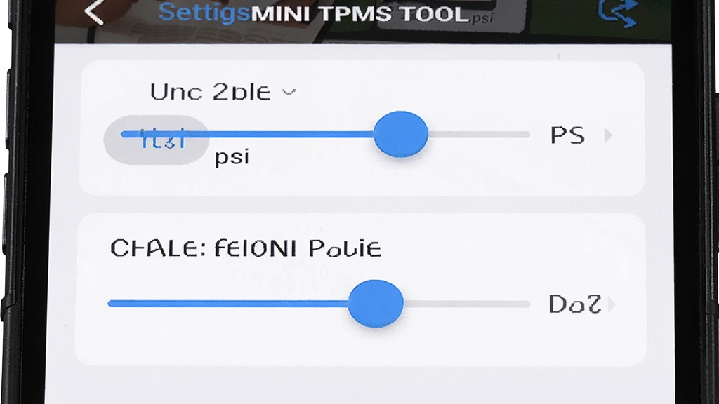 ����Ϊ�ֻ���Ļ��д����ʾ MINI TPMS TOOL ����ҳ�棬������λ�л���ť��ǰ������ֵ���飬����Ϊ���·����Ű棬���Ϊ����ǳɫ UI ���ϸ�ڰ��� bar �� psi ��λ��ǩ����ɫ���顢��ɫ��Ƭ���������ʸ��壬�ɾ����޶���Ԫ��