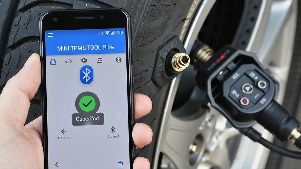 ����Ϊһֻ���ð�׿�ֻ�����Ļ��ʾ MINI TPMS TOOL �������ӳɹ����棬����Ϊ������̥�� OBD �ӿ���д������Ϊǰ���ֻ�����̥�Ĳ�ι�ͼ�����Ϊ��ʵ������Ӱ�磬ϸ�ڰ�������ͼ�ꡢ���ӳɹ��Թ�����̥������ϸ�ڣ����ʸ��壬�ɾ����޶���Ԫ��