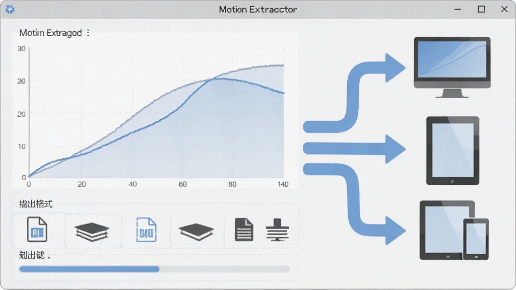 Motion Extractor软件的数据导出界面,屏幕上显示着一条曲线图表和导出格式选项列表,旁边有代表数据流动的箭头指向电脑、平板等设备图标。布局清晰,以信息图表风格呈现,色彩柔和,以浅灰和蓝色为主。细节包括格式图标和进度条。画质清晰,无杂乱元素。