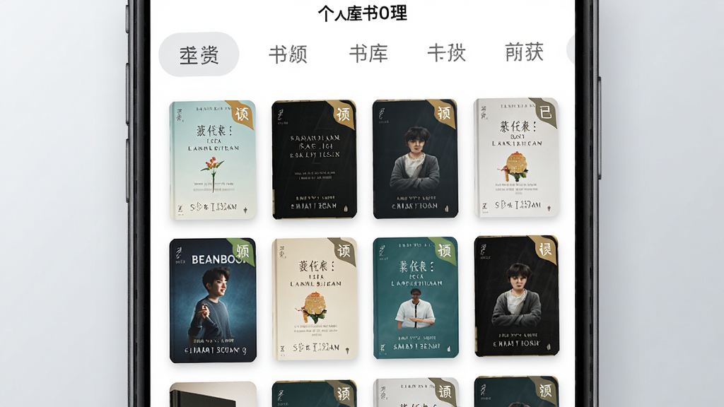 һ��Beanbook���������������չʾͼ������Ϊ�ֻ���Ļ������������鼮�������񣬲��ַ�������ڶ����Ѷ�״̬�Ǳ꣬��Ļ�Ϸ��з����ǩ��������Ϊǳ��ɫ���䣬����ִ���Լ���Ű������ϸ����������ʸɾ����޶���Ԫ��