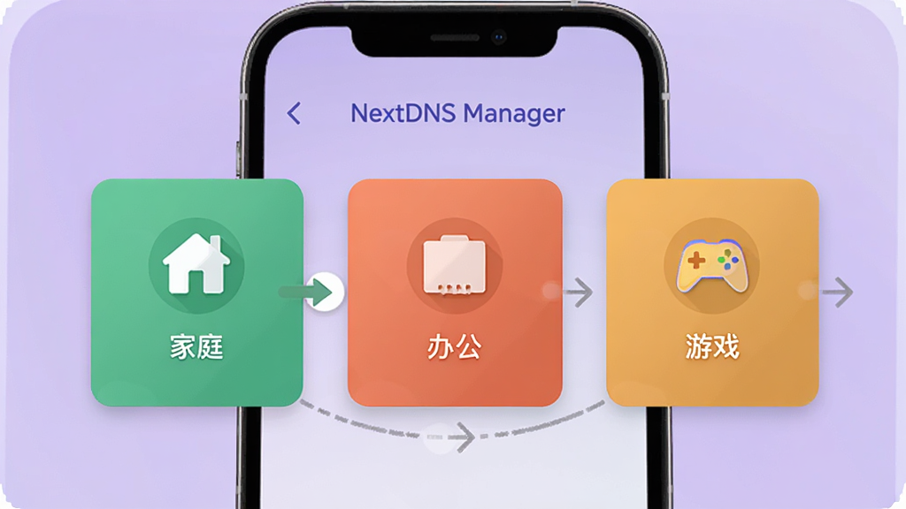 һ��չʾ NextDNS Manager �������л������ʾ��ͼ���ֻ���Ļ�����������Ų�ͬ��ɫ�����ÿ�Ƭ���ֱ��ע�ż�ͥ���칫����Ϸͼ�꣬��Ƭ֮�����л���ͷ���ӣ�����Ϊ��͵Ľ�����ɫ�����Ϊ���±�ƽ����ƣ���ͼ���⣬���ʸɾ�