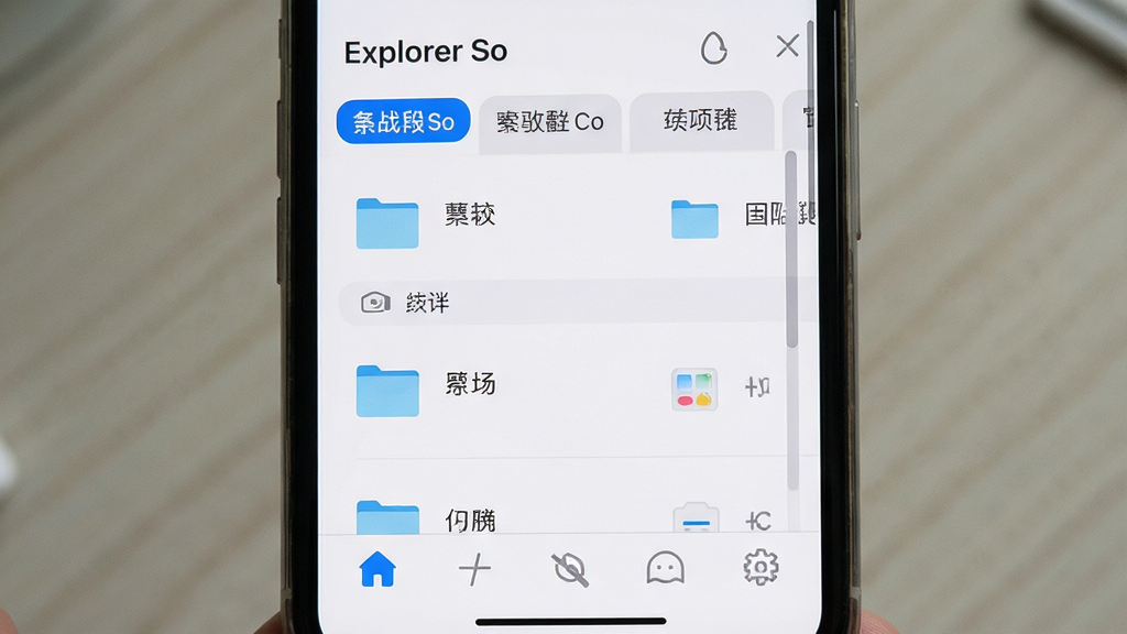 �ֻ���Ļ��չʾ��Explorer So���Ķ��ǩҳ�ļ��������棬�������ж����ǩ��Ƭ���ֱ��ע��ͬ�ļ������ƣ��в�Ϊ�ļ��б����ײ��в����������ַ�Ϊ��ǩ�����������빤�������㣬���Ϊ��ˬǳɫϵ������ƣ�ϸ�ڰ�����ǩѡ�и������ļ�����ͼ����������������������ɾ����޶���Ԫ��