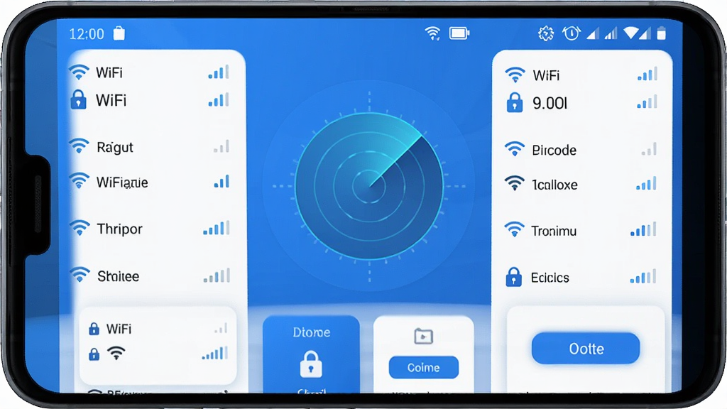 WiFiԿ��ȫ�ܰ�����������չʾ������Ϊһ��������׿�ֻ�����Ļ������ʾԲ���״�ɨ�趯�����ܱ�WiFi�ȵ��б������ֲ������½ṹ�Ϸ�Ϊ״̬���·�Ϊ���ܿ�Ƭ�����Ű������������У����Ϊ�ִ���ƽ���Ƽ�����ɫ��ϸ�ڰ����ź�ǿ��ͼ�ꡢ���α�ʶ�����Ӱ�ť�����ʸ���ɾ��޶���װ��Ԫ��