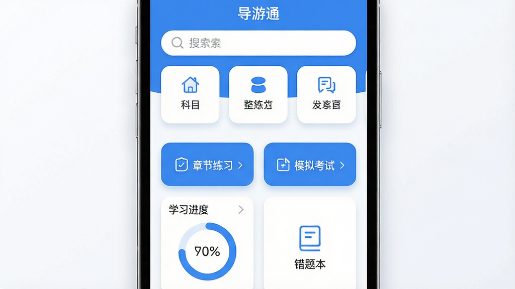 �ֻ���Ļ����չʾ������ͨ��APP��ҳ���棬�Ϸ������������Ŀ���࿨Ƭ���в�Ϊ�½���ϰ��ģ�⿼����ڰ�ť���·���ѧϰ���Ȼ���ͼ����Ȿͼ�꣬���岼�������Գƣ����ñ�ƽ��UI���������ɫ��ˬ�ɾ���ϸ�ڰ���Բ�ǿ�Ƭ������ͼ���������Ӱ�����ʸ��壬����ɾ����޶���Ԫ��