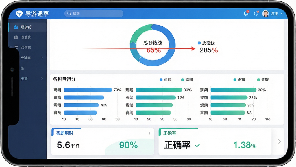 ������ͨ��APPģ�⿼�Գɼ�����ҳ�棬��Ļ�Ϸ�Ϊ�ֻܷ���ͼ�뼰���߱�ǣ��в�Ϊ����Ŀ�÷�����ͼ���·�Ϊ������ʱ����ȷ�����ݿ�Ƭ������Ϊ���·��������Ϊ���ݿ��ӻ��Ǳ��̣�������ɫ��ϸ�ڰ����ٷֱ����֡�ͼ����ǩ��ϸ�����ָ�����������������ɾ����޶���Ԫ��