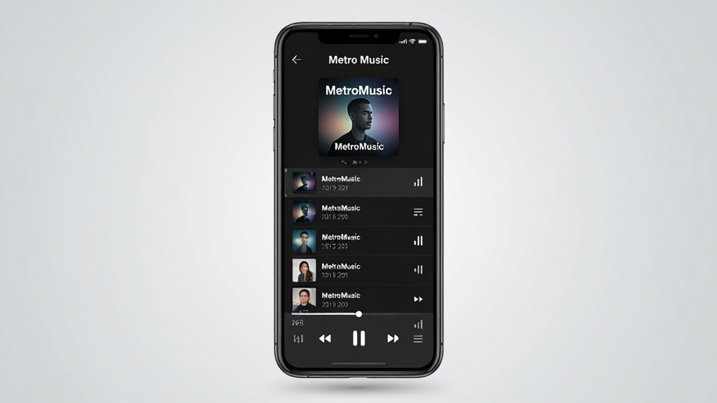 һ��չʾ MetroMusic ���ֲ������������ͼƬ������Ϊ�����������ֻ���Ļ����Ļ����ʾ��ɫ��������ֲ��Ž��棬������ MetroMusic ������ר�����棬�в��Ǹ����б����ײ�Ϊ���ſ����������ּ��Գƣ��Ű�Ϊ�ֻ�����չʾ��ǳ�ҽ��䱳�������Ϊ�ִ���ƽ�� UI ��ƣ�ϸ�ڰ���ר����������ͼ����������������ͣ��ť��������ͼ�꣬�����������ɾ����޶���Ԫ��