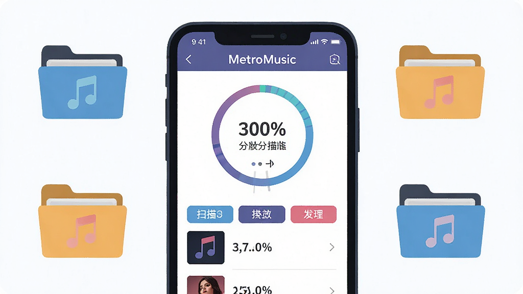 һ�ű��� MetroMusic ����ɨ�豾�����ֹ��ܵ�ͼƬ������Ϊ�ֻ���Ļ����ʾɨ����Ȼ��ͷ���������ĸ����б�������Ϊ��Ļ���м������ļ�ͼ�껷�ƣ��Ű�ͻ��ɨ�����������ǩ�����Ϊ�Ƽ��б�ƽ�廭��ϸ�ڰ����ļ���ͼ�ꡢ�����ļ�ͼ�ꡢ���Ȱٷֱȡ������ǩ���������������ɾ����޶���Ԫ��