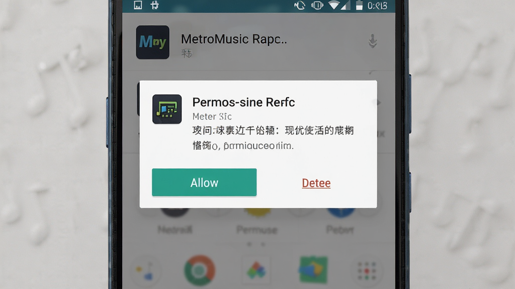һ��չʾ MetroMusic �ڰ�׿�ֻ��ϰ�װ��Ȩ����������ͼƬ������Ϊ�ֻ���Ļ������ƵȨ������Ի��򣬲���Ϊ��Ļ���мӰ�͸�����ֱ������Ű�ͻ��������ť�����Ϊ��ʵϵͳ UI ��ͼ�磬ϸ�ڰ���Ȩ��˵�����֡�������ܾ���ť��Ӧ��ͼ�꣬�����������ɾ����޶���Ԫ��