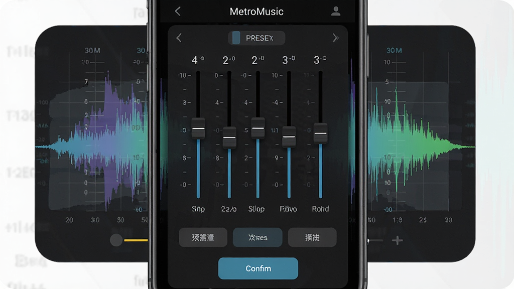 һ��չʾ MetroMusic ���������ڽ����ͼƬ������Ϊ�ֻ���Ļ�еĶ�ξ�����������壬����Ϊ��Ļ���м�Ƶ�ײ��α������Ű�Ϊ��������������Ԥ�谴ť�����Ϊ��ɫ�Ƽ��� UI��ϸ�ڰ���Ƶ�ο̶ȡ�Ԥ���ǩ��Ƶ�׶�����ȷ�ϰ�ť�������������ɾ����޶���Ԫ��
