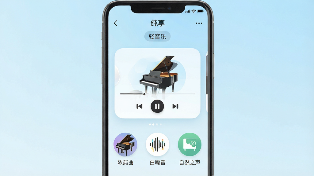 一张展示纯享软件主界面的手机截图,画面中央是简洁的播放器卡片,背景为淡雅的浅蓝色渐变,屏幕上方显示“纯享”软件名称与轻音乐分类标签,下方排列着钢琴曲、白噪音、自然之声等圆形图标,整体风格清新简约,布局居中对称,细节上按钮圆润、字体清晰,画质高清,画面干净无多余元素