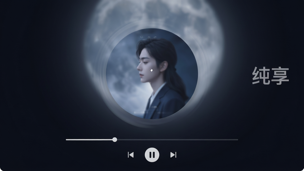 纯享软件夜间模式播放界面特写,深色背景搭配柔和月光色调,中央圆形专辑封面缓缓旋转,下方是简洁的播放进度条与控制按钮,画面右侧悬浮“纯享”字样水印,风格静谧柔和,布局干净利落,细节精致,画质清晰,无杂乱装饰元素