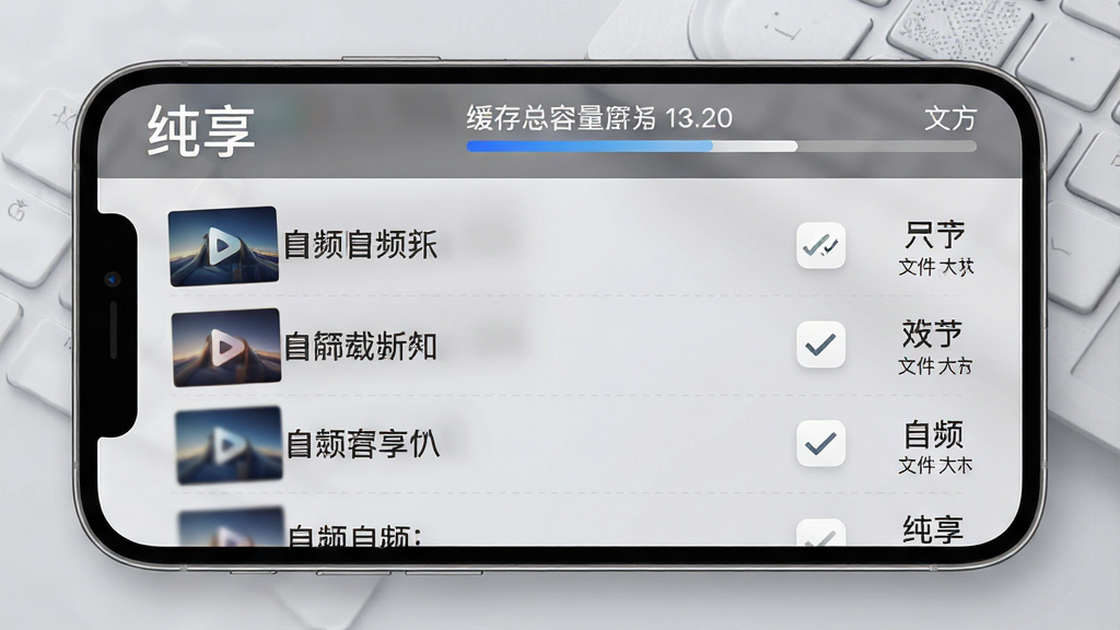 纯享软件离线缓存管理页面示意图,画面展示手机屏幕内整齐排列的已下载音频列表,每条右侧带有勾选状态与文件大小标注,顶部显示“纯享”标识与缓存总容量进度条,背景为浅灰色磨砂质感,风格清爽商务,布局规整,细节清晰,画质干净