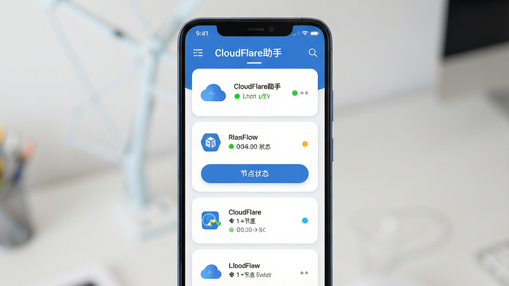 ������һ��������׿�ֻ�����Ļ������ʾ��CloudFlare���֡�Ӧ�������棬����Ϊ����״̬�����в����ܿ�Ƭ�б����Ű������������Ϊ�ִ���ƽ���Ƽ��磬ϸ�ڰ�����ɫ�ƶ�ͼ�ꡢ�ڵ�״ָ̬ʾ�ơ�Բ�ǰ�ť�����ʸ��壬����ɾ����޶���Ԫ��