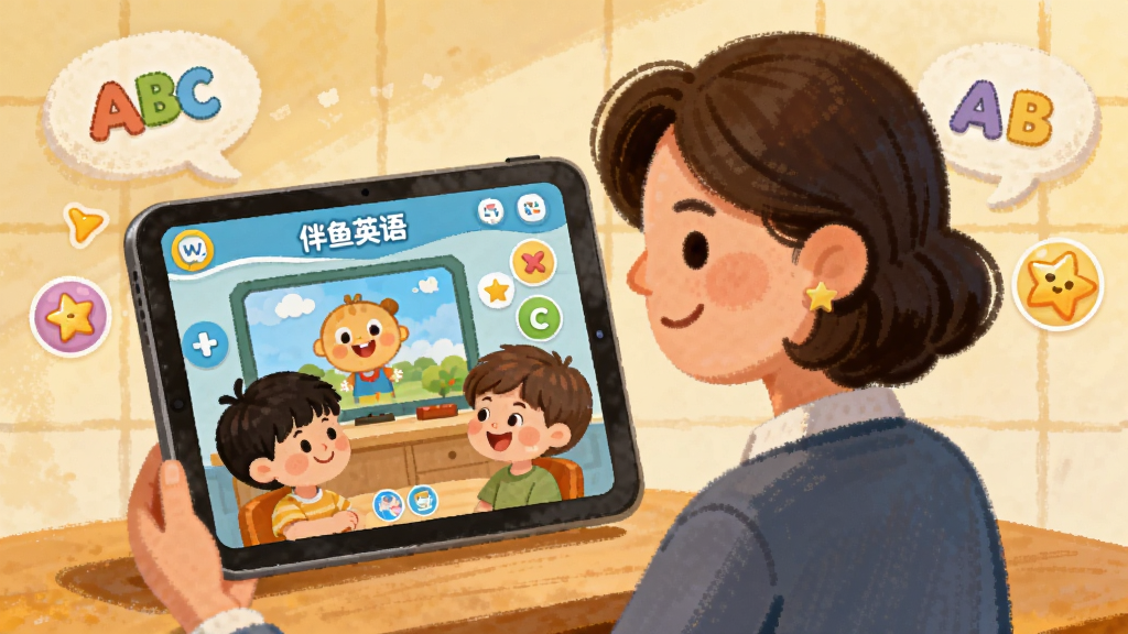 ��������Ϊһλ�����ʦͨ��ƽ������뺢����Ƶ�Ͽεĳ�������Ļ����ʾ����Ӣ����ý����뿨ͨ�μ�����Χ�жԻ����ݡ�ABC��ĸ�����ǽ���ͼ�꣬����Ϊ���ҷ��������Ϊ��ů����Ĳ廭�磬ϸ�ڰ���΢Ц��������͹�Ӱ�����������ɾ����޶���Ԫ��