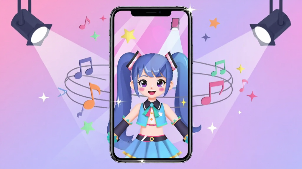 ����������һ�����������ֻ�����Ļ����ʾ�ų�������������ż����̨��������Χ���������������Ǻ;۹��Ԫ�أ���������͵Ľ�����ɫ���ɫ���Ű���þ��жԳƹ�ͼ�����Ϊ�ִ���ƽ�廭��ϸ�ڰ����ֻ���Ե�ĸ߹ⷴ�����Ļ�ڽ�ɫ��΢Ц���飬���������ɾ����޶���Ԫ��