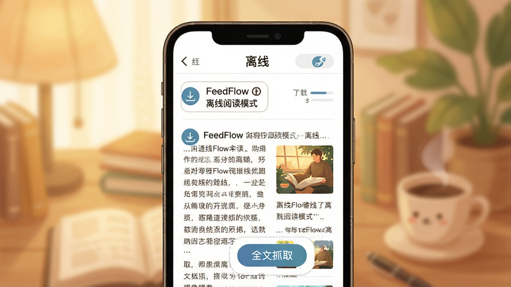 手机屏幕显示FeedFlow离线阅读模式,界面顶部有