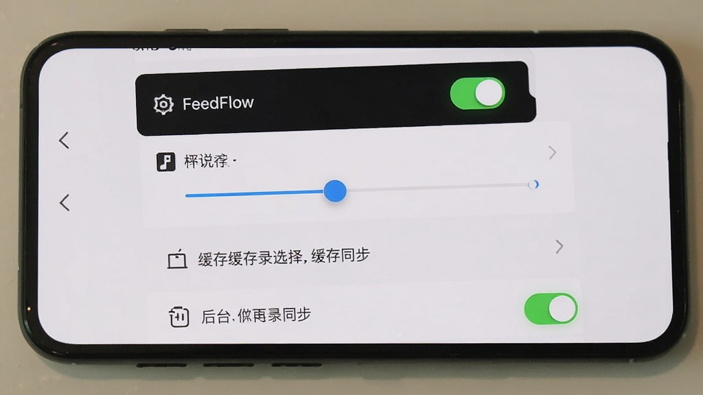 手机屏幕展示FeedFlow设置页面,包含深色模式开关、字号调节滑块、缓存目录选择、后台同步开关等选项;布局为手机正面平铺展示、界面分区清晰;风格为清爽的工具类App截图风;细节包括开关按钮的高亮状态、设置项图标、简洁的列表排版;画质干净,无多余元素