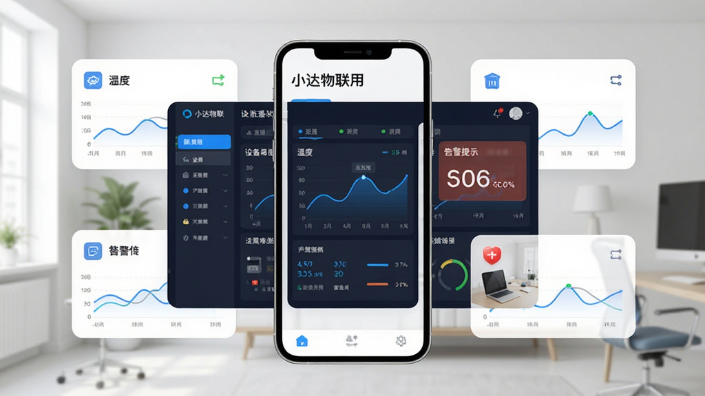 画面中央为“小达物联”应用的数据监控面板,面板上展示设备在线状态、温度曲线与告警提示,背景为简洁的室内场景,布局为手机居中、数据卡片环绕,风格为现代扁平科技风,细节包括蓝色数据线条、状态圆点与简洁图标,画质清晰干净,无多余元素