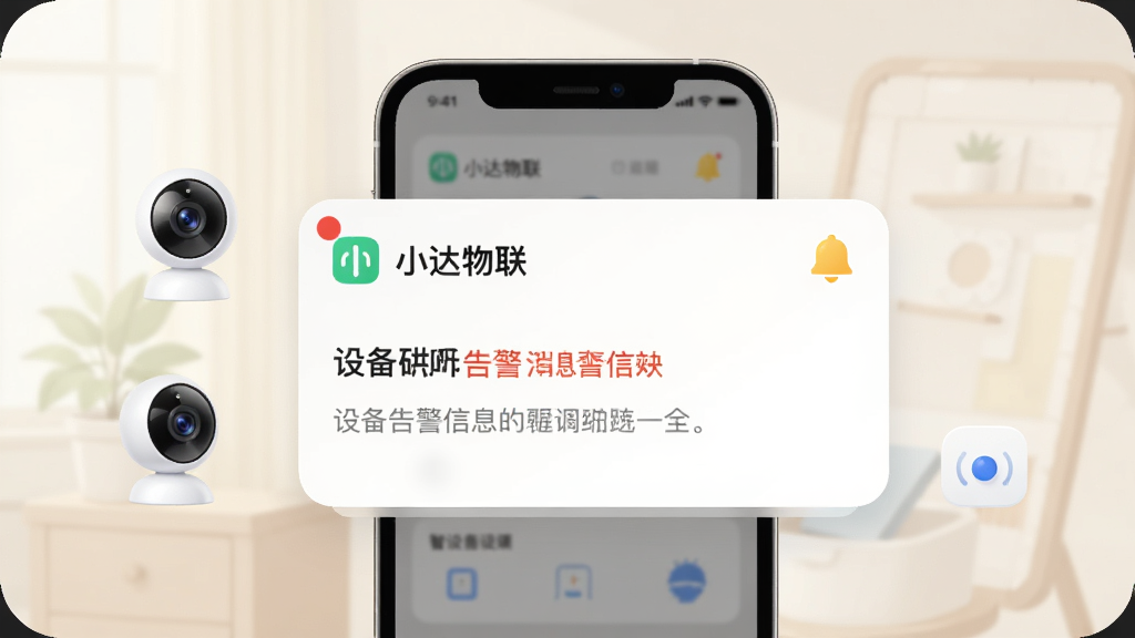 画面主体为手机屏幕弹出“小达物联”消息提醒卡片,卡片上显示设备告警信息,旁边配有智能摄像头与传感器图标,布局为手机居中、提醒卡片放大展示,风格为简洁UI插画,细节包括红色提醒圆点、铃铛图标与柔和背景,画质清晰干净,无多余元素