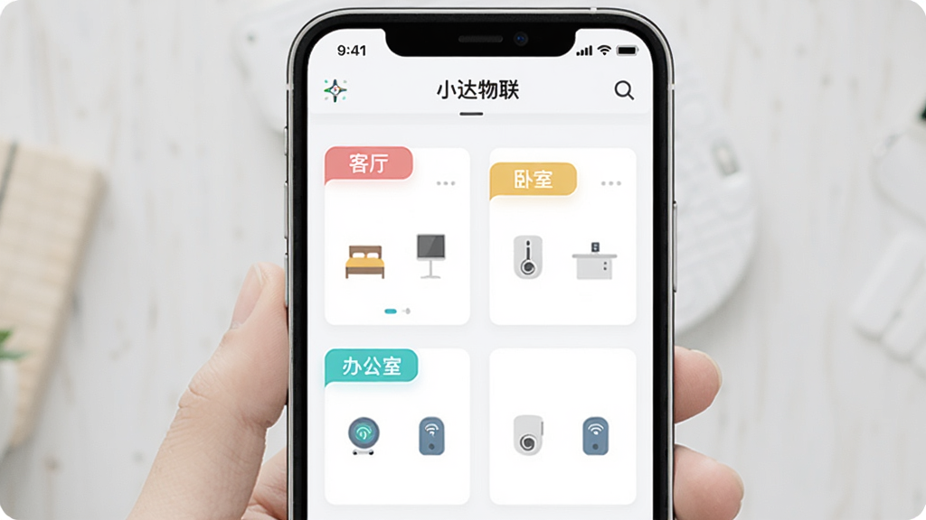 画面展示“小达物联”应用中的设备分组管理界面,界面内包含客厅、卧室、办公室等分组标签与设备图标,布局为手机屏幕居中、分组卡片整齐排列,风格为清新浅色扁平风,细节包括彩色分组标签、设备小图标与简洁排版,画质清晰干净,无多余元素