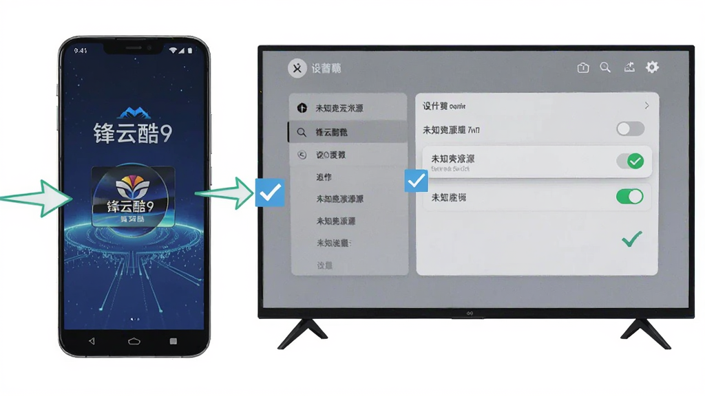 画面为一部手机和一台电视并排摆放,手机屏幕显示“锋云酷9”安装界面,电视屏幕显示设置菜单中的未知来源开关,布局为左手机右电视,风格为教程示意图,细节包含箭头指引与勾选标记,画质清晰,干净,无多余元素