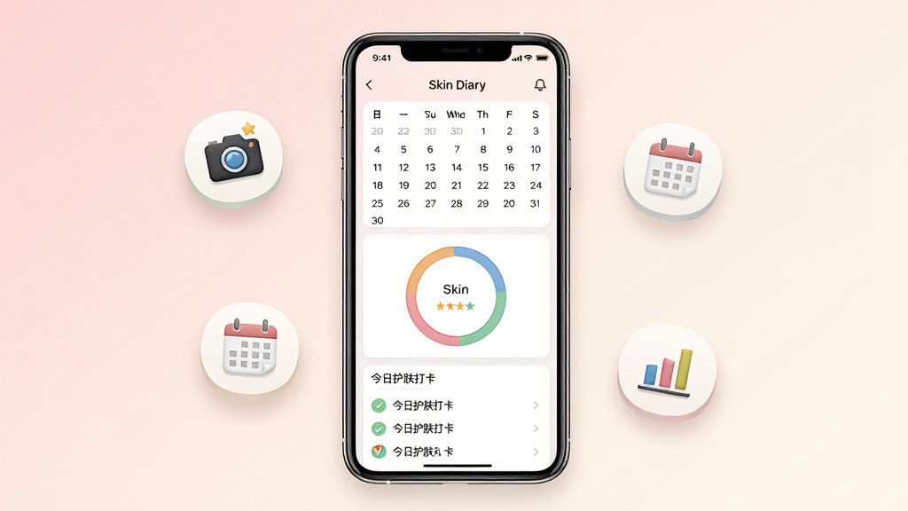 һ���ֻ�Ӧ�ý���չʾͼ������������һ�����������ֻ�����Ļ����ʾ��Skin Diary��Ӧ�õ������棬����������ͼ��Ƥ��״̬����Բ���ͽ��ջ������б����ֻ�����Ư�������ͼ�ꡢ����ͼ���ͼ��ͼ�꣬����Ϊ��͵�ǳ��ɫ���װ�ɫ���䣬���������¼�Լ���Ű�ɾ�����ϸ�ھ��£����ʸ��壬�޶���Ԫ�ء�