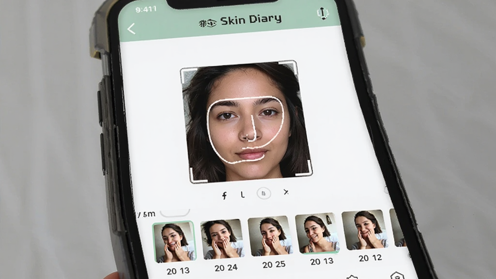 һ���ֻ���Ļ��д����ʾ��Skin Diary�������ռ�¼���棬��Ļ�������沿����ȡ�����·������Ű���������ͼ��ɵ���Ƭʱ���ᣬ������ɫΪ��ɫ�뵭��ɫ�������ˬ�ɾ�������������ϸ�ڷḻ���������������Ԫ�ء�