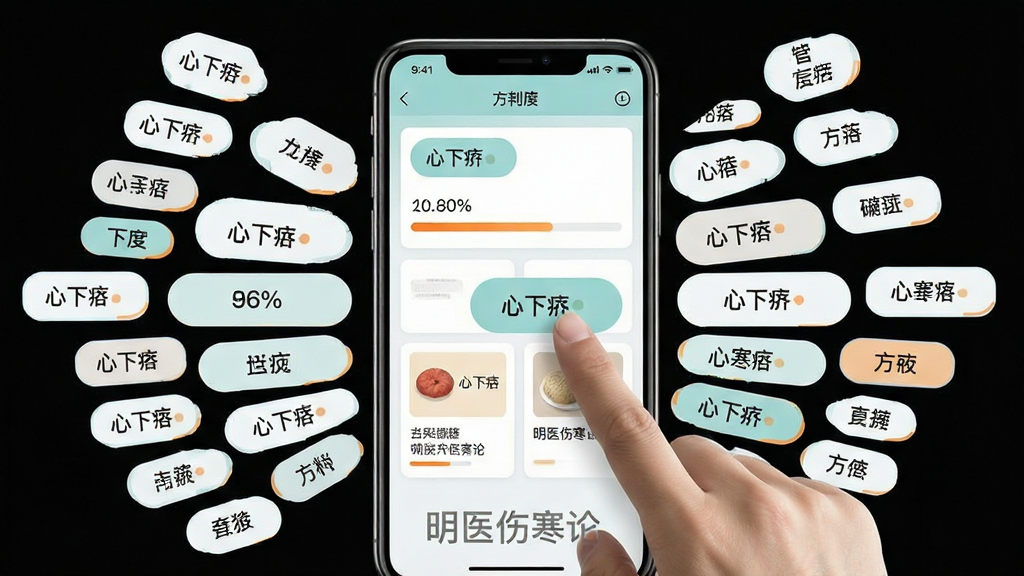 画面主体是一部手机屏幕特写,屏幕上显示症状标签云与方剂匹配结果,手指正点击“心下痞”标签;布局为手机居中,标签云围绕手机呈放射状散开;排版上“明医伤寒论”作为手机壁纸水印显示在屏幕底部;风格为医疗健康类APP界面展示风格,色调为白色、浅青与橘色点缀;细节包括标签的圆角矩形、匹配度百分比条、方剂卡片缩略图;画质清晰,干净,无多余元素