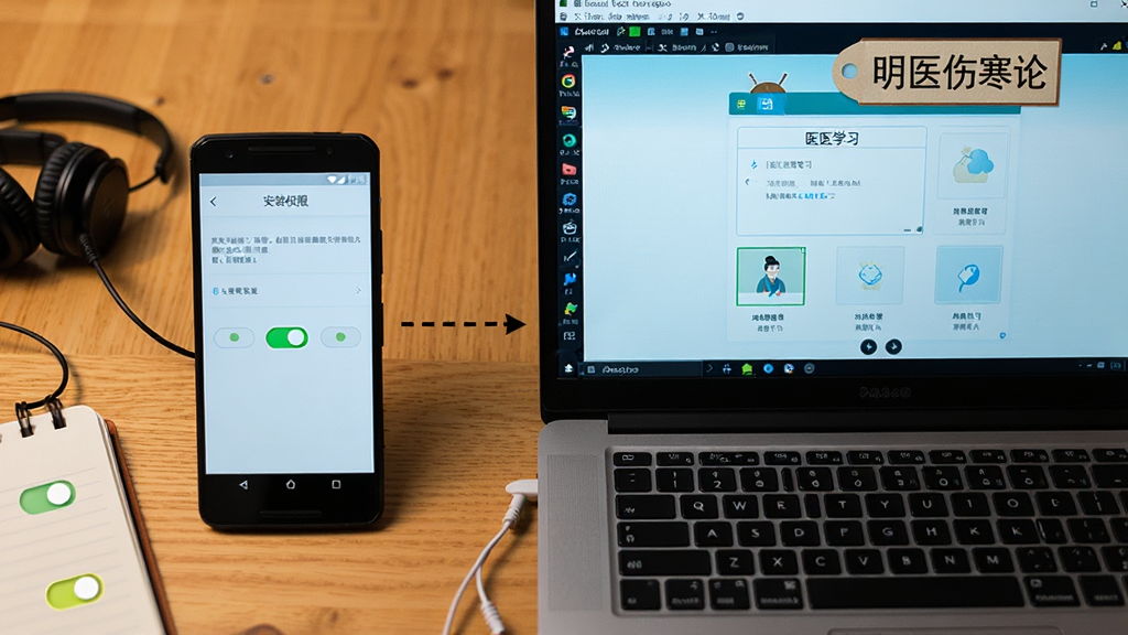 画面主体是一部安卓手机与一台笔记本电脑并排放在木质桌面上,手机屏幕显示安装权限设置界面,电脑屏幕显示安卓模拟器运行中医学习软件;布局为左手机右电脑,中间用一条虚线箭头连接表示操作流程;排版上“明医伤寒论”以标签形式贴在电脑屏幕边框;风格为数码产品使用场景实拍感,色调为暖木色与冷屏光对比;细节包括桌面上的耳机、记事本、权限开关的高亮提示;画质清晰,干净,无多余元素