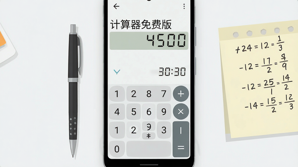 一部安卓手机屏幕中央显示“计算器免费版”应用界面,浅色背景,上方为数字显示区域,下方为规整排列的数字与运算符按键,旁边摆放一支笔和一张写有算式的便签纸,整体布局居中对称,简约清新的扁平化风格,细节清晰,画质干净,无多余元素