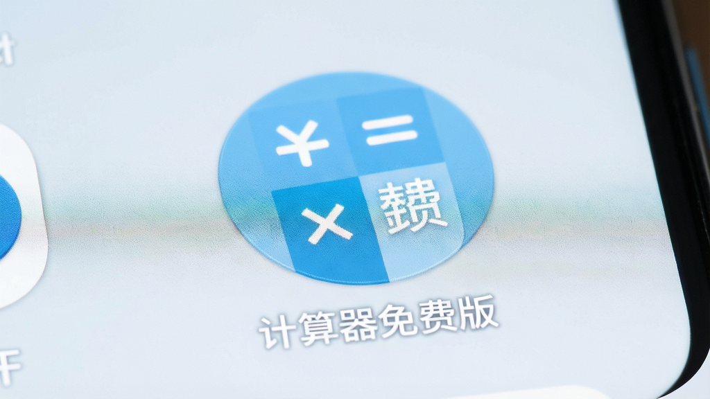 安卓手机桌面特写,屏幕上“计算器免费版”图标位于首屏显眼位置,图标为浅蓝色圆形配白色运算符号,背景为简洁的手机桌面壁纸,布局居中,柔和圆角风格,细节清晰,画质干净,无多余元素