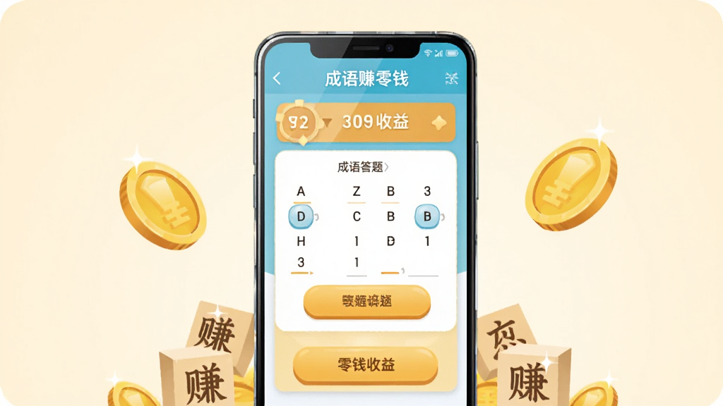 �����������һ��������׿�ֻ����ֻ���Ļ����ʾ����׬��ǮӦ�������棬�������������մ�����������Ǯ����չʾ�����ֻ���Χɢ�伸ö��ɫӲ����д�к��ֵ�С���飬����Ϊǳ��ɫ���䣬���ֲ��þ��жԳƹ�ͼ�����Ϊ���±�ƽ���廭��ϸ�ڰ����ֻ��߿�߹⡢���⿨��ť����С�Ӳ�ҷ����ʸУ����������ɾ�������������Ϊ���ģ������޶���װ��Ԫ��