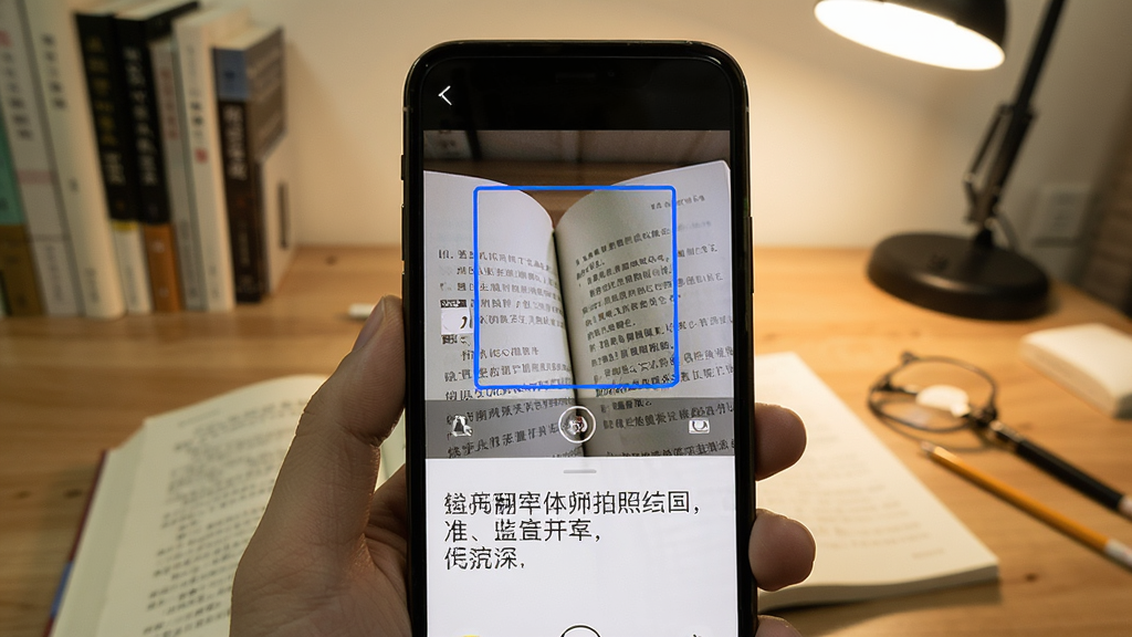 手机屏幕展示翻译大师拍照翻译功能界面,摄像头取景框对准一本外文书籍页面,识别区域以蓝色边框标注,下方显示中文译文结果,背景为室内书桌环境,风格写实清晰,细节包含光线与文字纹理,画质干净高清