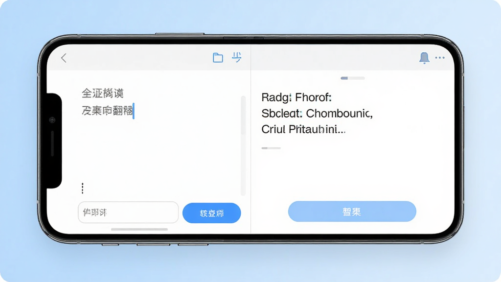 画面中央放置一部智能手机,屏幕显示翻译大师应用主界面,左侧为中文输入框,右侧为英文译文展示区,背景为浅蓝色渐变,风格简洁现代,细节包含图标与按钮布局清晰,画质干净高清,无多余元素