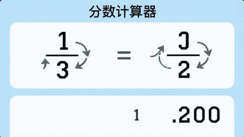 主体为分数计算器应用的计算界面截图风格插画,布局为上方输入区下方结果区,排版中展示两个分数相加的过程,风格为清爽浅色教育类视觉,细节包括分数横线、分子分母数字、等号、约分箭头标识,画质高清干净无多余元素,画面中标注文字