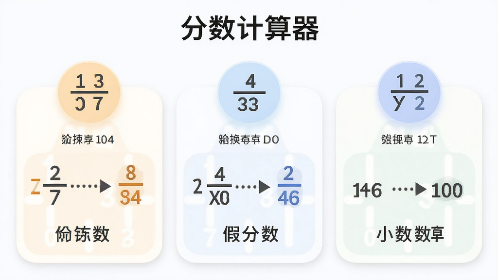 主体为分数计算器功能展示图,布局为三栏并列展示三种转换模式,排版每栏上方为图标下方为文字说明,风格为柔和圆角卡片式设计,细节包括带分数图示、假分数图示、小数图示及转换箭头,画质高清干净无多余元素,画面中标注文字