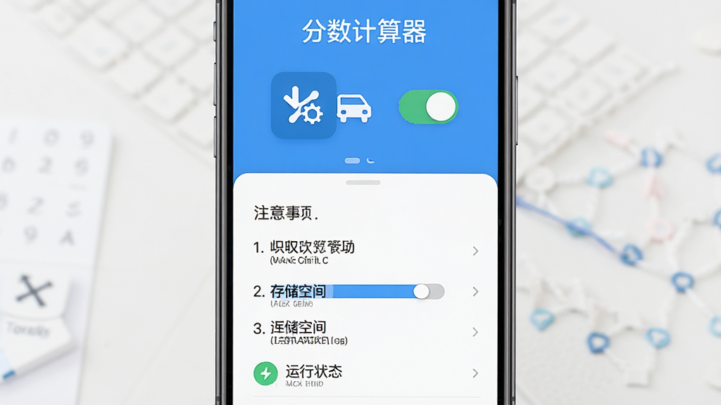 主体为手机屏幕展示分数计算器使用指南界面,布局为上下结构上方为安装步骤图示下方为注意事项列表,排版清晰分条展示,风格为清爽蓝色系教育工具视觉,细节包括安装图标、权限开关示意、存储空间条、运行状态标识,画质高清干净无多余元素,画面中标注文字