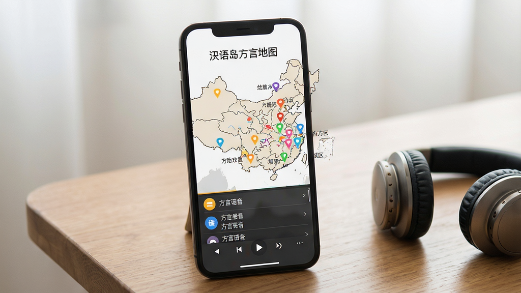 一张汉语岛方言地图功能展示图,画面为手机屏幕显示中国地图轮廓,地图上分布着多个彩色标记点,每个标记点旁标注方言区名称,屏幕下方为方言语音播放列表,手机放置在木质桌面上,旁边有一副耳机,背景柔和,风格清新,细节丰富,画质干净