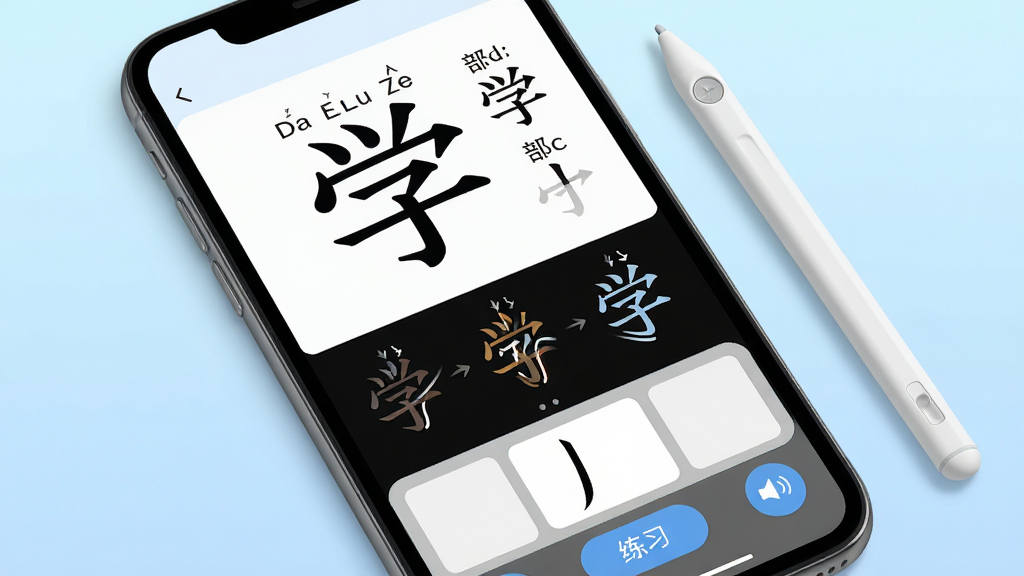 一张汉语岛汉字学习功能界面特写图,画面主体为手机屏幕显示一个放大的汉字“学”,屏幕上方有拼音标注与部首分解图示,屏幕中部为动态笔顺动画的分解步骤,屏幕下方为书写练习区域与发音按钮,手机旁放置一支触控笔,背景为淡蓝色渐变,风格简洁明快,细节清晰,画质干净
