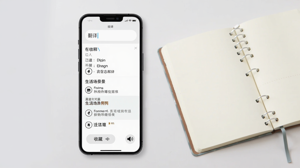 一张汉语岛翻译查询界面示意图,画面为手机屏幕显示翻译输入框与结果列表,结果中包含中文释义、英文对照与两个生活场景例句,屏幕下方有收藏按钮与发音图标,手机旁放着一本打开的笔记本,背景为浅灰色,风格简约,细节清晰,画质干净