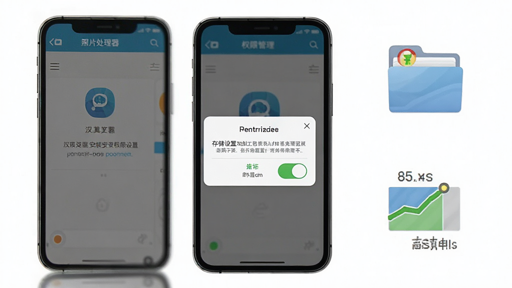 照片处理器安装与权限设置示意画面,手机屏幕显示应用安装界面和权限授权弹窗,旁边配有文件管理器图标与存储空间示意,整体布局清晰,风格简洁商务,细节上突出权限开关状态,画质干净无多余元素
