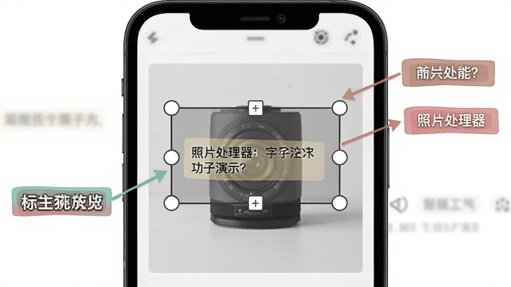 照片处理器文字标注功能演示,手机屏幕显示一张商品图片上添加了带底色文字标签和箭头指示,文字框处于选中状态并显示缩放控制点,界面布局简洁,风格现代扁平,画质清晰干净