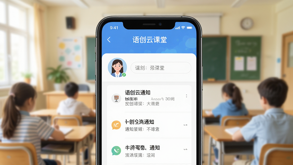手机屏幕显示“语创云课堂”班级空间页面,画面中有老师头像和通知列表,背景是虚化的教室场景,浅色系配色,扁平化设计风格,细节清晰,高清画质