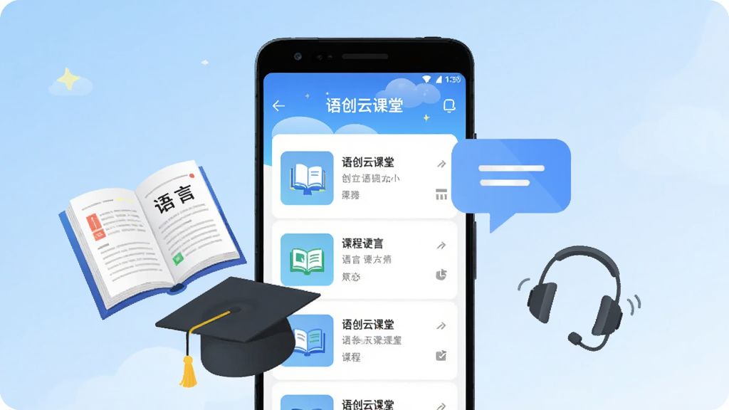 画面中央是一台竖屏安卓手机,手机屏幕上显示“语创云课堂”APP的课程列表界面,左侧悬浮一本打开的语言教材和一顶学士帽,右侧漂浮对话气泡与耳机图标,背景为浅蓝渐变,扁平插画风格,干净整洁,无多余元素,高清画质