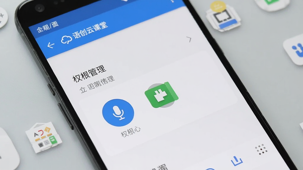 一部安卓手机屏幕显示“语创云课堂”设置页面中的权限管理选项,旁边有麦克风图标和存储图标,背景为浅灰桌面,写实风格,画面干净整洁,高清画质