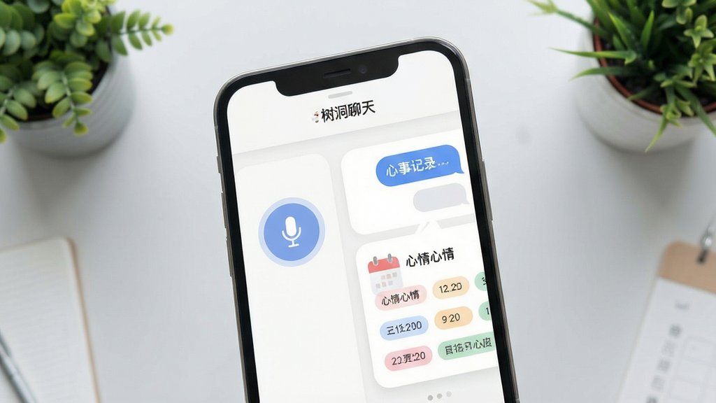 一张应用功能展示图,画面为手机屏幕特写,屏幕中呈现树洞应用的语音聊天界面与心事记录卡片并列排布,包含麦克风按钮、对话气泡和日历式心情标签,背景为浅灰桌面与绿植点缀,风格现代简约,细节包括圆角图标与柔和配色,画质清晰干净,无多余元素