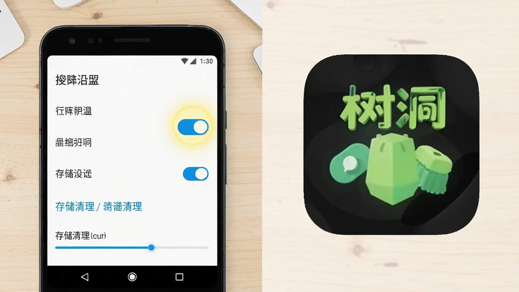 一张手机操作示意图,画面为安卓手机设置界面与树洞应用图标并列,界面中包含权限开关与存储清理选项,背景为浅色桌面,布局左右分栏,风格扁平简洁,细节包括高亮标注的权限按钮与进度条,画质清晰干净,无多余元素